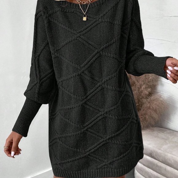 Black Casual Womens Solid Color Batwing Sleeve Sweater Dress - Picture 4 of 5